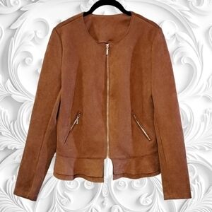 Anthropologie Love Scarlett Brown Faux Suede Peplum Zip Up Long Sleeve Jacket